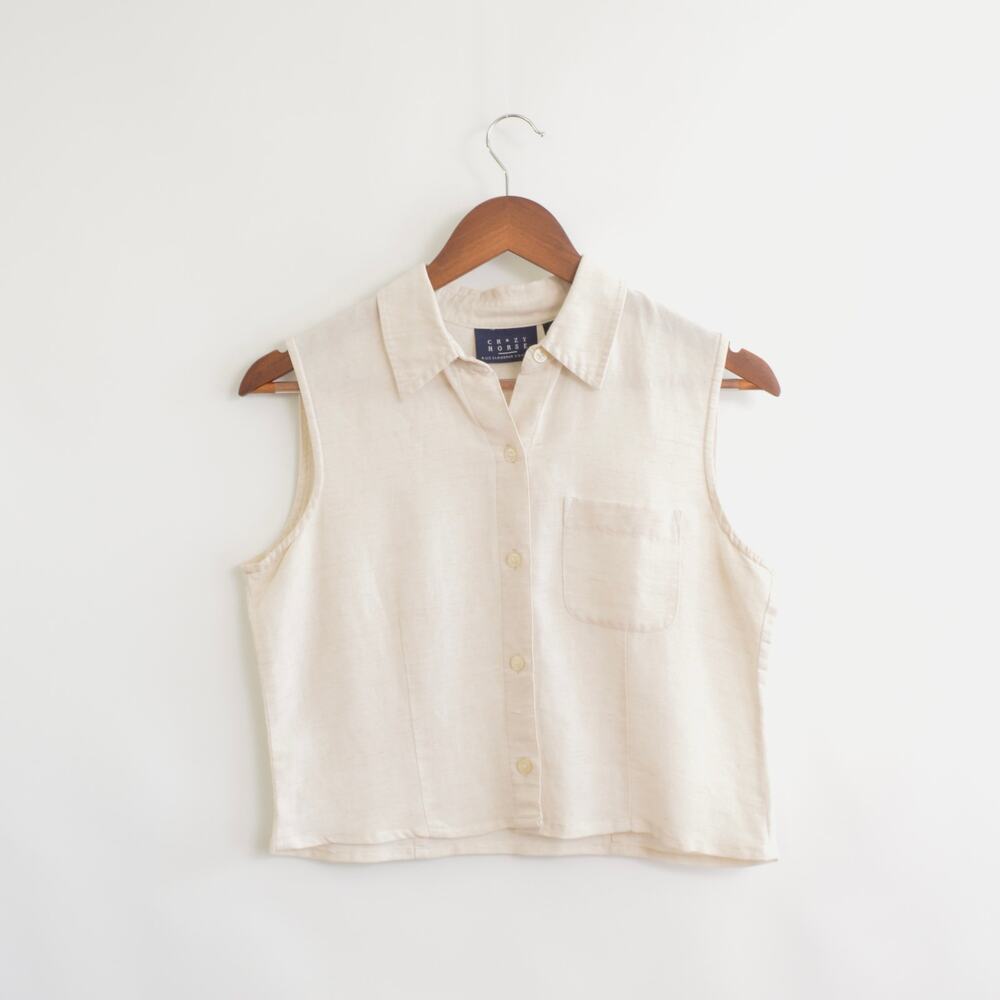 light blush tan cropped linen blend button down tank